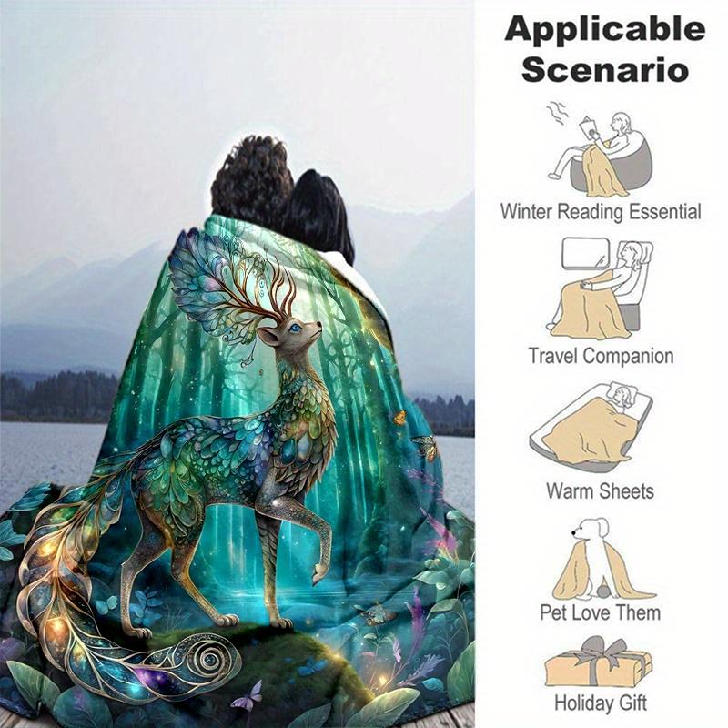1pc Mystical Deer with Wings and Antlers In a Luminous Woodland Setting Blanket, Softs for Bed Couch Sofa, Living Room, Travel, Camping, Car Blankets