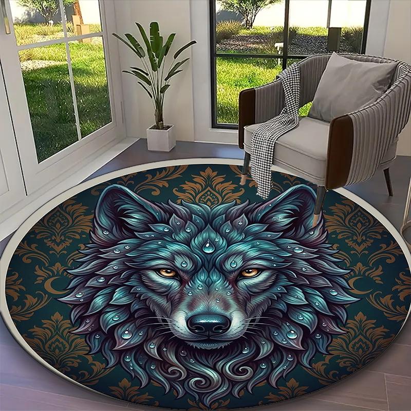 1pc Round Rug Appropriate for Office, Cosmic Dual Wolf Carpet, Versatile Printed Chair Rug, Durable Home Sofa Carpet