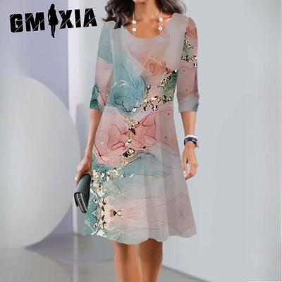 Moda damska Jesień Zima Jednolity kolor Drukuj Długie rękawy O-Neck Wysoka talia Casual Sukienki