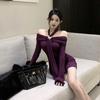 One-word shoulder purple neck hanging long-sleeved dress women's autumn slim-fitting waist skirt pure desire wind tight hip-wrapped short skirt