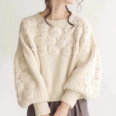 Herbst- und Winter-Neue Kollektion, Klein Frisch, Schwer Bestickt, Dreidimensional, Kleine Gänseblümchen, Mit Kapuze, Rundhals, Locker, Gestrickter Pullover
