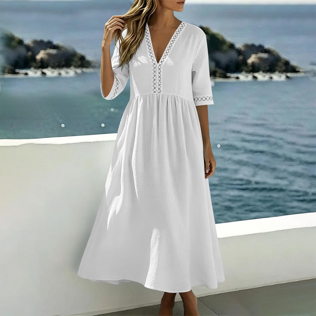 Women Casual Loose Fit V Neck Short Sleeve Dress Cotton Linen Blend Midi Length Summer Dress with Lace Trim Detailing