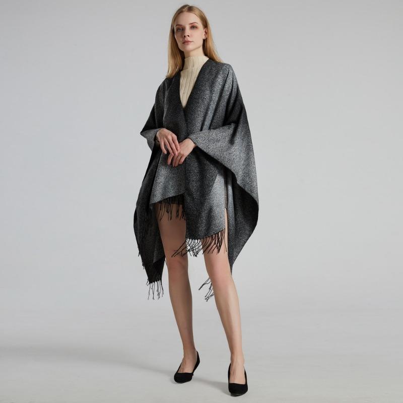 Autumn and Winter Scarf Shawl Double-sided Gradual Change of Color Tassel Jacquard Split Large Shawl Travel Camping Outside Cloak