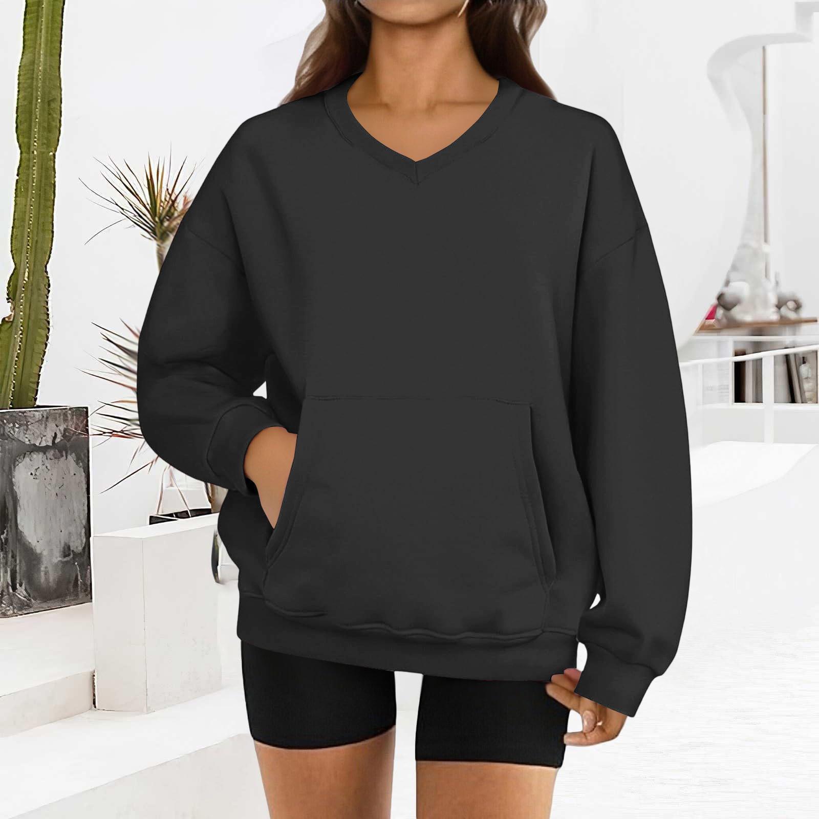 Women s Fashion Color Long Sleeve V-Neck Sweatshirt S чёрный