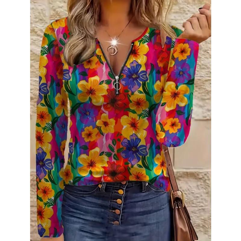 Elegantes Damenoberteil mit Reißverschluss und Print, langärmelig, stilvoll und vielseitig für Herbst und Winter, Freizeit- und Bürokleidung, maschinenwaschbar