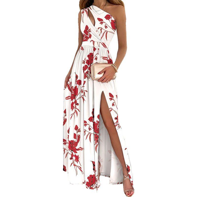 Printed Slant Neck Sleeveless Dress Print Diagonal Collar Sleeveless Split Dress Female