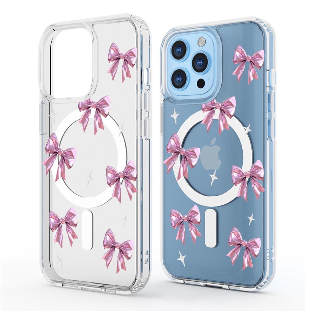 Rosa Schleife Magnetische Transparente Vollabdeckung Hülle für iPhone 15/16/17 Pro Max
