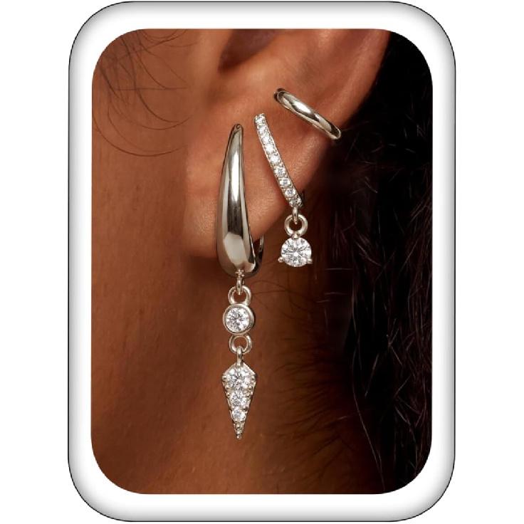 Triple Huggie Stacked Earrings for Women Gold Chain Drop Dangle Earrings Cute Statement CZ Earrings Trendy Dainty Jewelry Gift