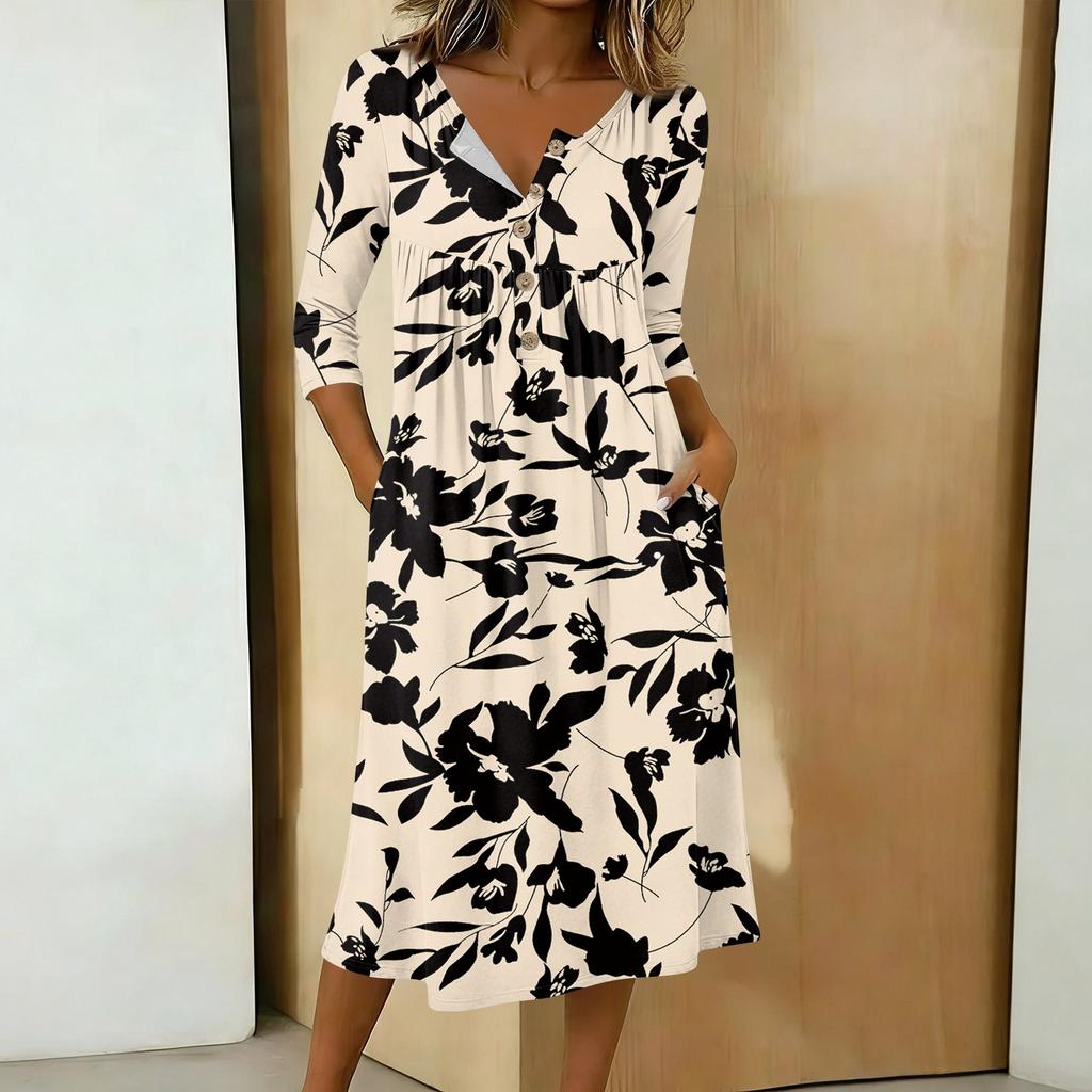 Women's Fashionable Color Printed Round Neck 3/4 Sleeve Button Collar Mid Length Casual Dress