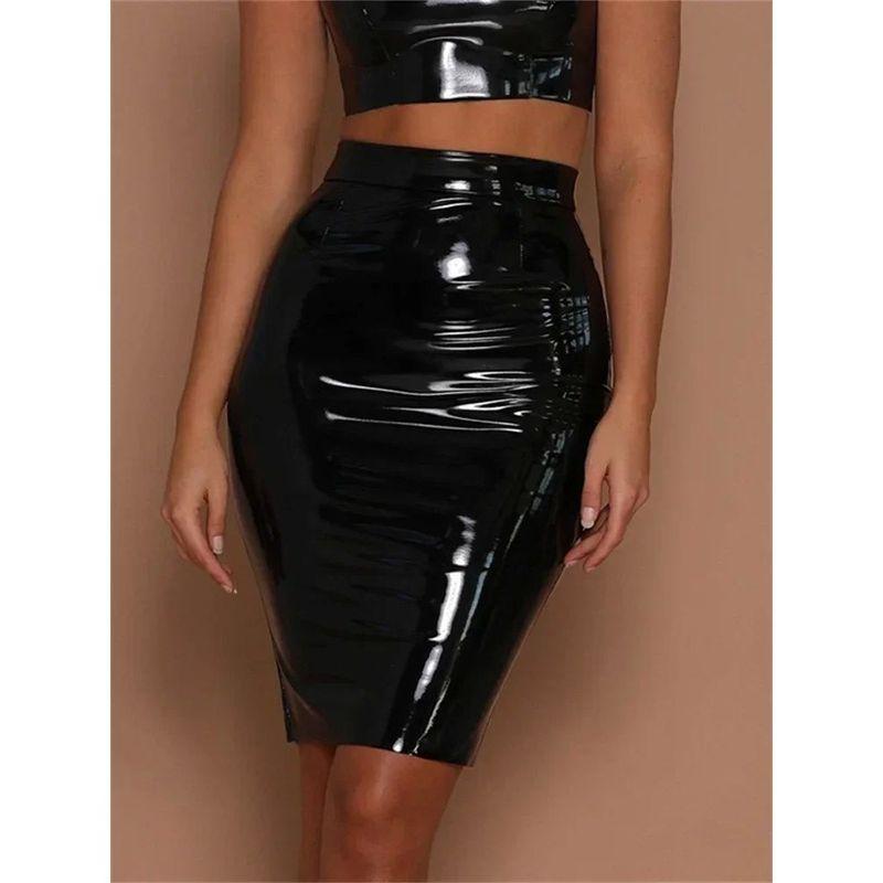 

Shiny Leather Waist Bag and Hip Skirt Pure Color Glossy Leather Waist Bodycon Dress 2175 Black S
