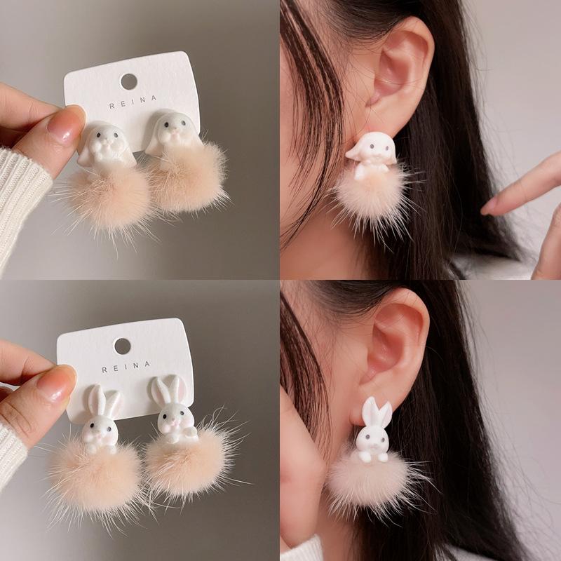 New Fluffy Rabbit Drop Earrings White Plush Cute Animal Earrings For Women Girls Korean Jewelry Brincos New Year Gifts