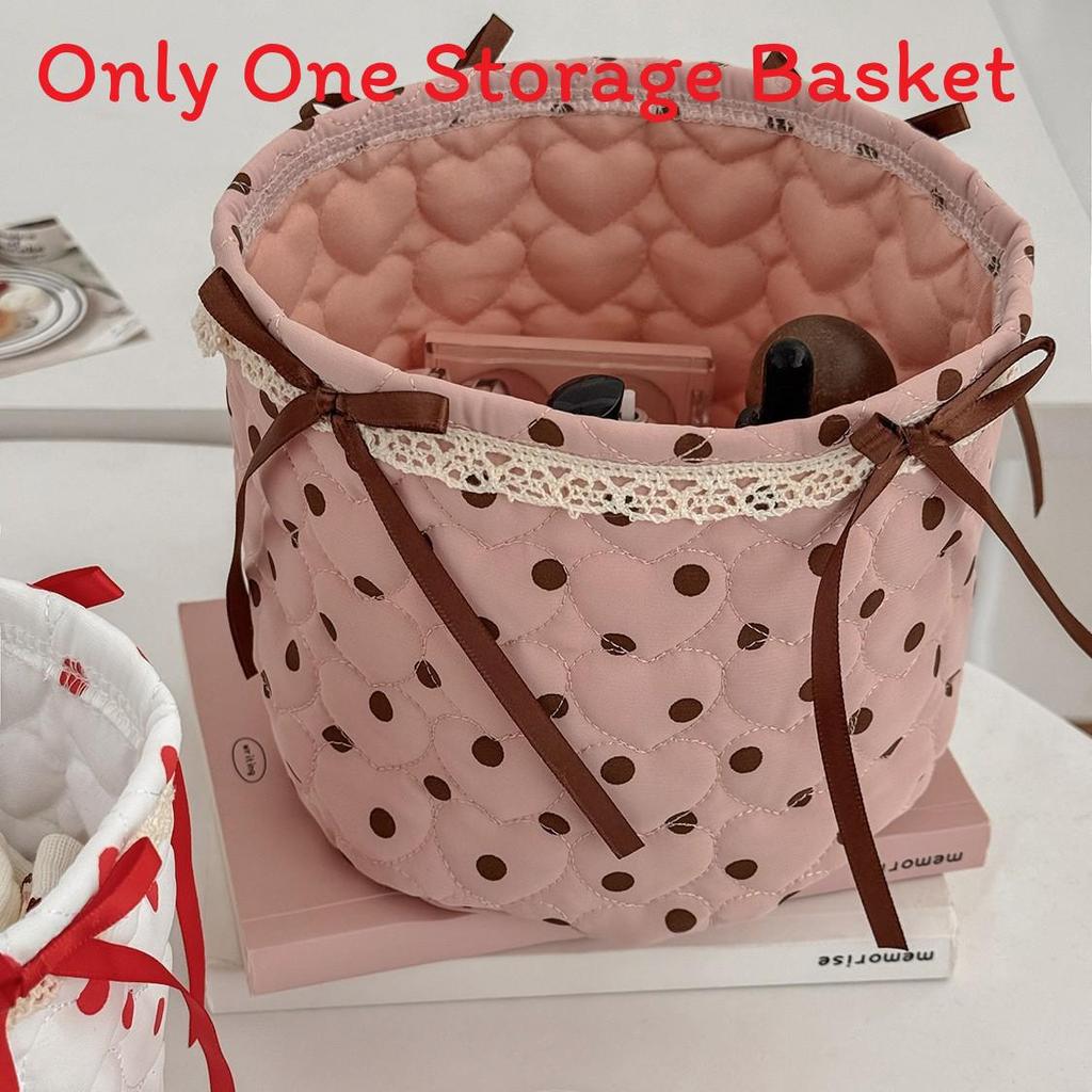 Stylish Nylon Dot Pattern Storage Bin With Ribbon For Makeup And Toy Organization