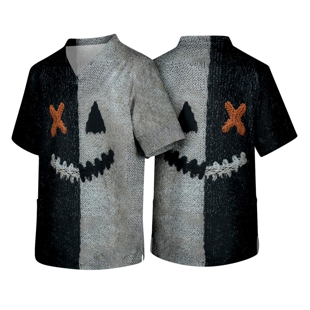 Men's Short Sleeve V Neck Halloween Print Medical Scrub Top with Chest Pocket and Two Lower Pockets Suitable for Healthcare Professionals