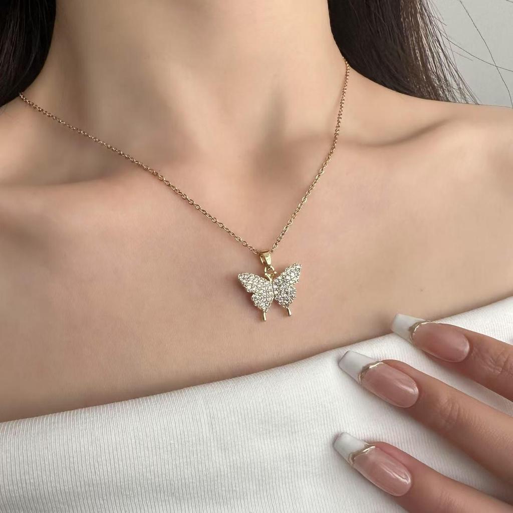 Koreanische Schmetterlingsquaste Luxus Diamant Titanstahl Halskette - Vielseitiger Damen Schlüsselbeinschmuck