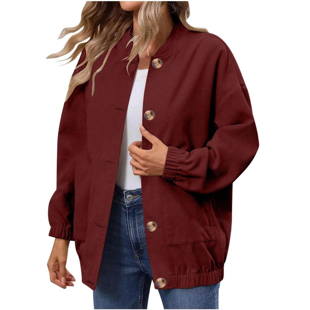 Women's Fashionable Solid Color Long Sleeved Button Jacket With Baseball Stand Up Collar Pocket Casual Jacket