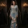 Floor Length Dress Women Skeleton Print Maxi Dress, Gothic Long Sleeve with Evening 3D Flower Decor, Velvet Floral for Halloween Costume Party