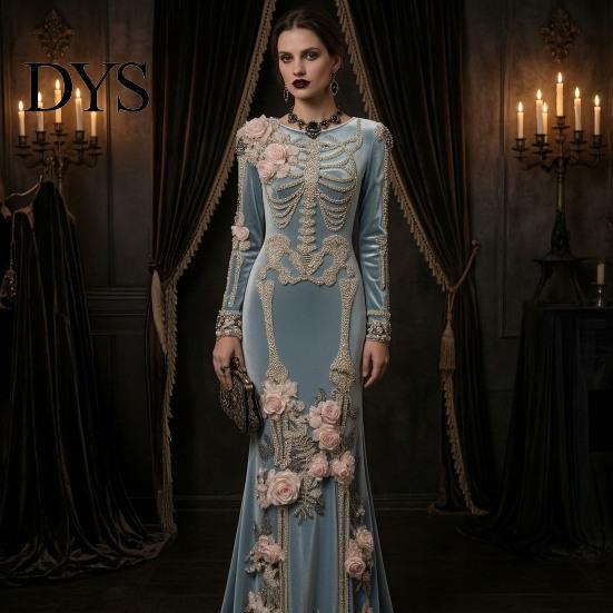 Floor Length Dress Women Skeleton Print Maxi Dress, Gothic Long Sleeve with Evening 3D Flower Decor, Velvet Floral for Halloween Costume Party