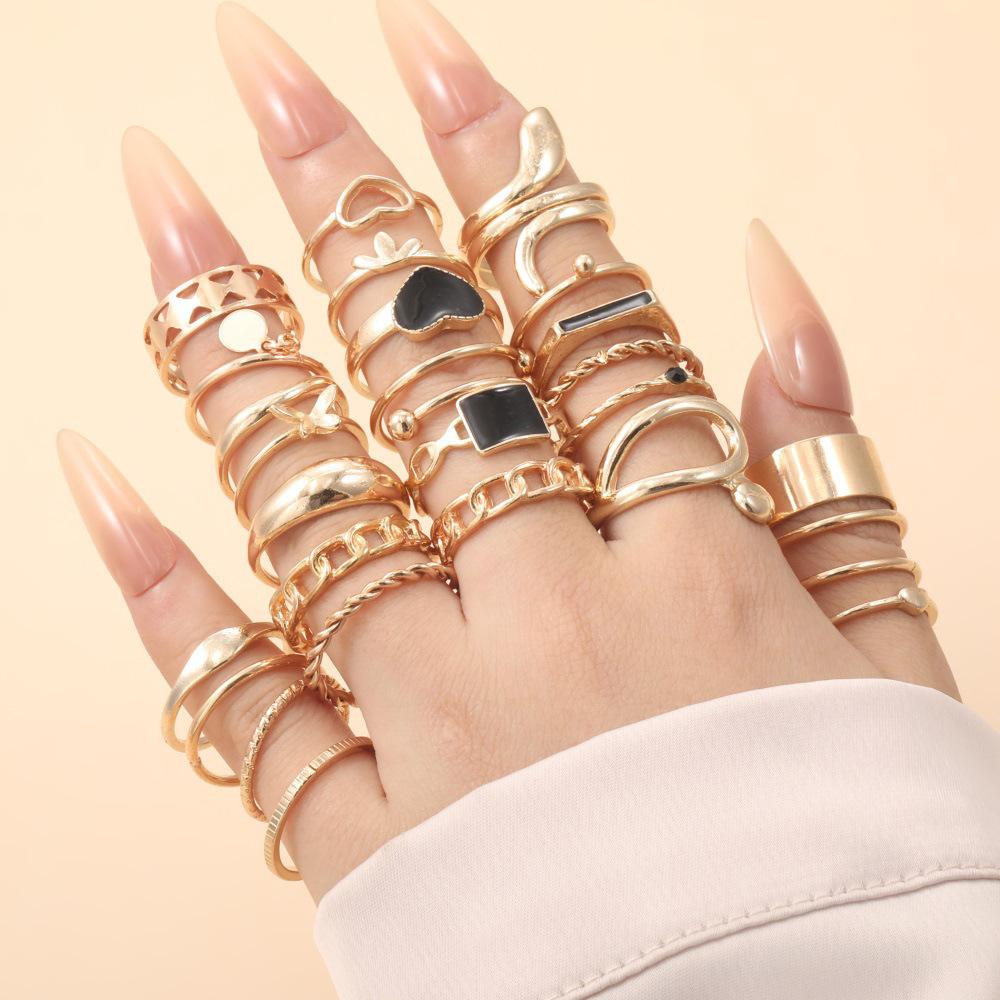 Black Epoxy Love Square Ring 27-piece Geometric Open Ring Set