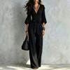 Damen V-Ausschnitt Wickel Taille Binden Weiter Bein Jumpsuit Einfarbige Freizeit Lockerer Schnitt