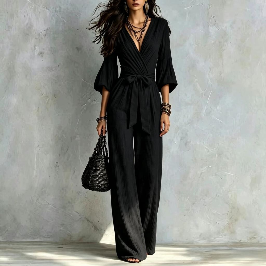 Damen V-Ausschnitt Wickel Taille Binden Weiter Bein Jumpsuit Einfarbige Freizeit Lockerer Schnitt