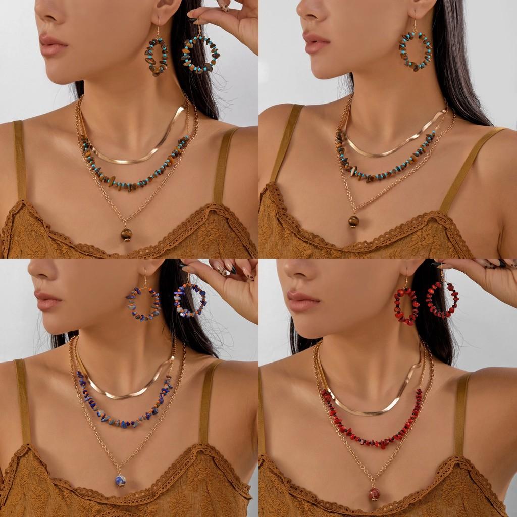 Artistic Womens Necklace And Earrings Set Featuring Alloy Metal Crushed Stone