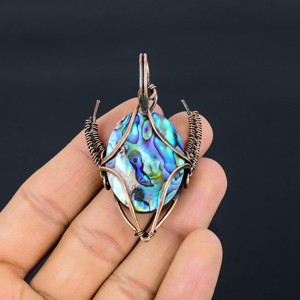 Abalone Shell 999 Copper Wire Wrapped Pendant, Handmade Gemstone Bull Face Pendant Jewelry, Gifts For Wife Brand New Pendant