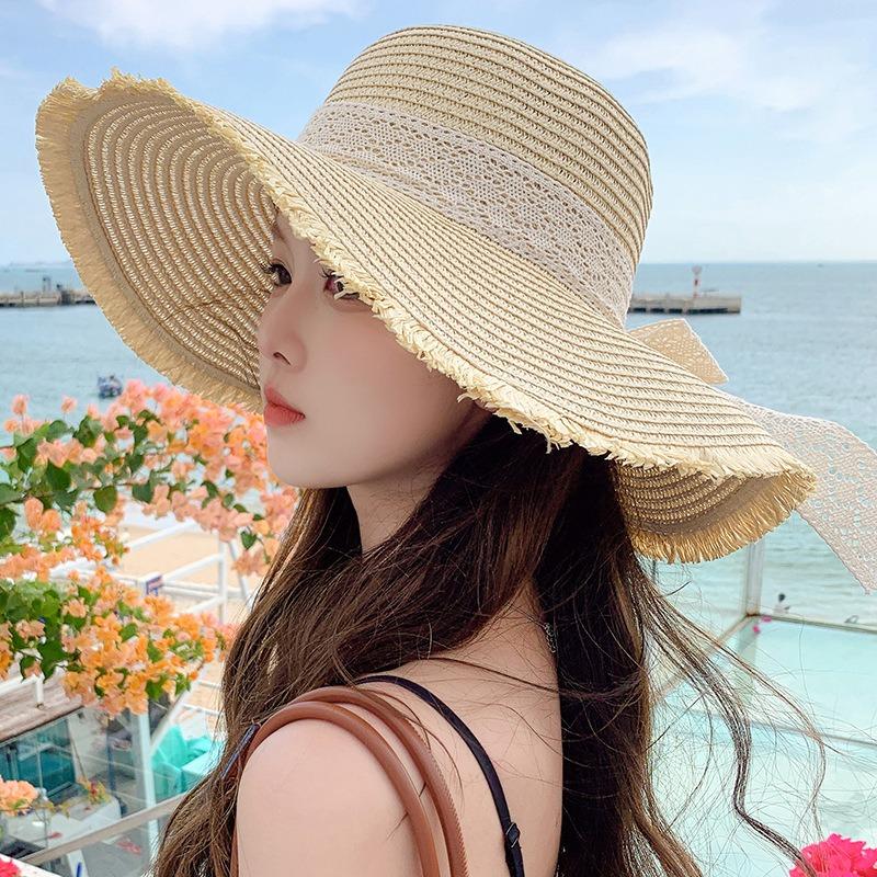 Summer Bow Sun Hat Female, Seaside Beach Vacation Sun Hat Outdoor Big Brim Sun Hat Sweet Straw Hat