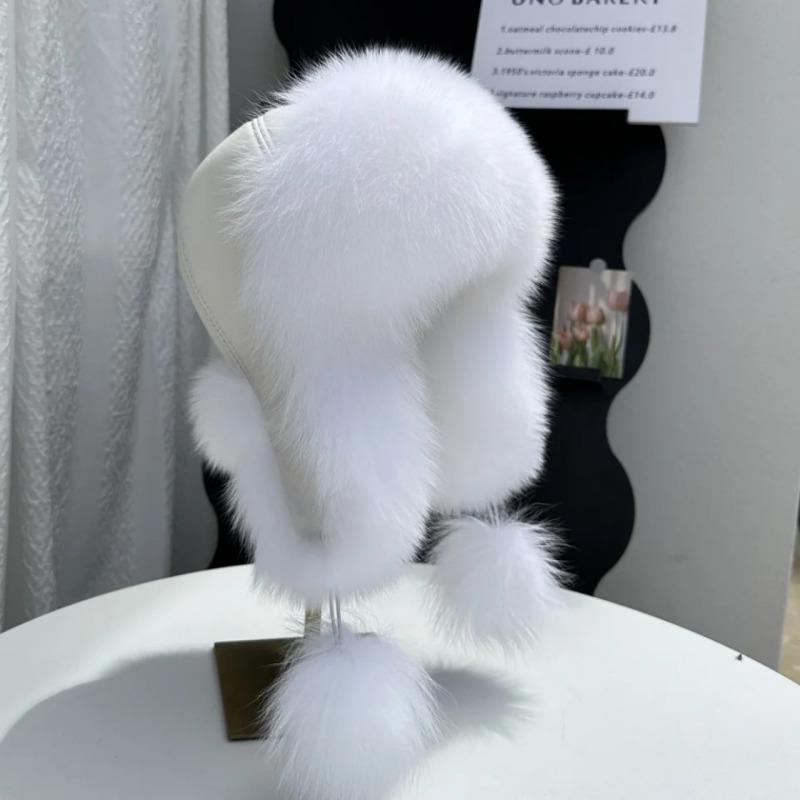 Damska czapka z lisiego futra chroniąca uszy, modna, luksusowa czapka bomberka z prawdziwego futra lisiego, zimowa czapka outdoorowa z miękkiej skóry owczej dla dziewcząt