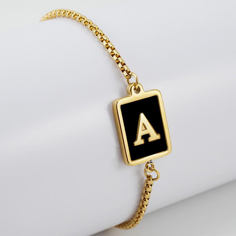 18K Black Square Adjustable Bracelet - Women's European & American Style, Titanium Steel with English Alphabet.