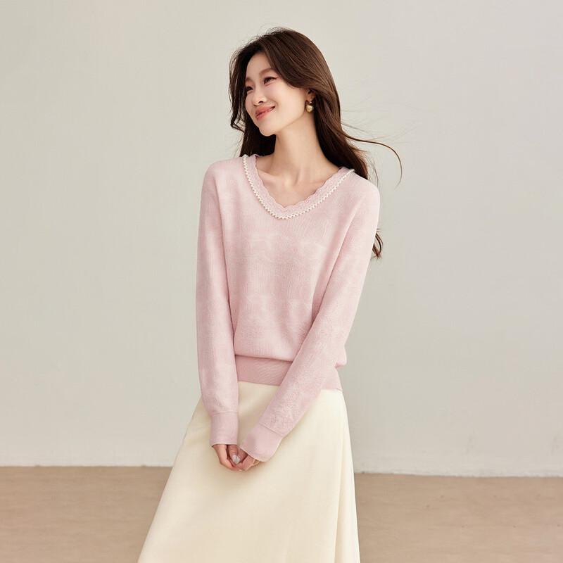 Elegant Beaded Jacquard V-Neck Wool Blend Knit Sweater