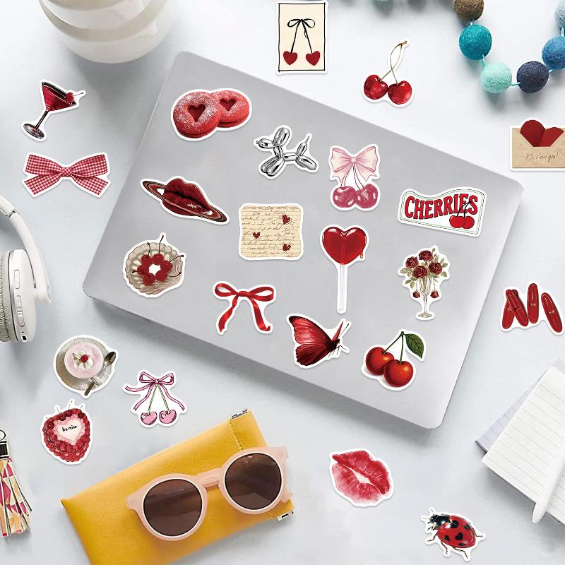 50Pcs Y2K Aesthetic Cherry Stickers Laptop Guitar Suitcase Journal Phone Case Diary Notebook Doodle Decals Decor Gift