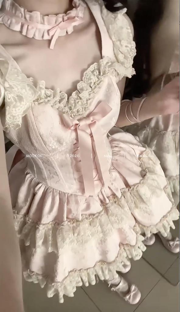 MODKOKU Lolita OP Dress with Detachable Flutter Ribbon and Lace Ruffle Mori Girl Tiered Lolita Long Size M Women's 2-Way Sleeves, Bridal-Style Lace-Up