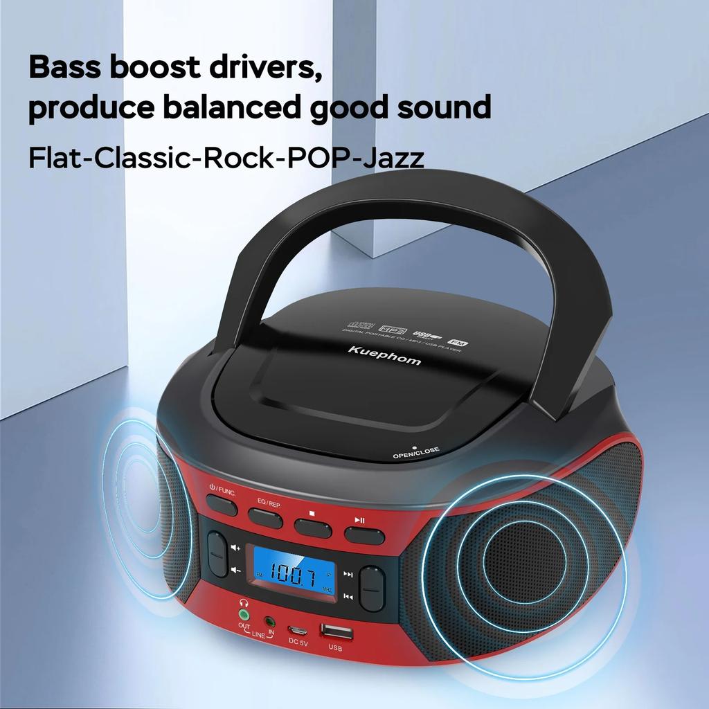 CD Radio Boombox with Bluetooth and USB Portable CD Player with EQ,AC and DC Power, Backlit Digital Display