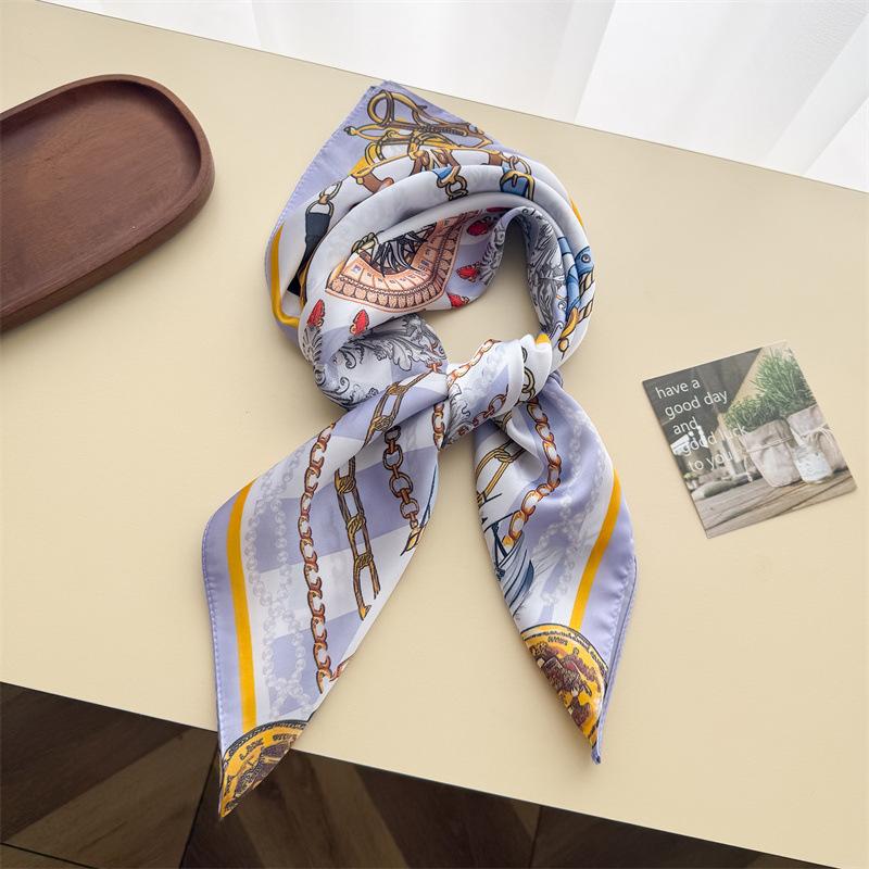 European and American Chain Simulation Silk Printing Silk Scarf Small Square Scarf High-end Shawl Sunscreen Neck Scarf Headscarf Female