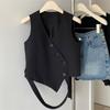 Gilet Suit Asimmetrico Primavera Estate da Donna Scollo a V Slim da Pendolare Senza Maniche Bottoni Neri Capospalla