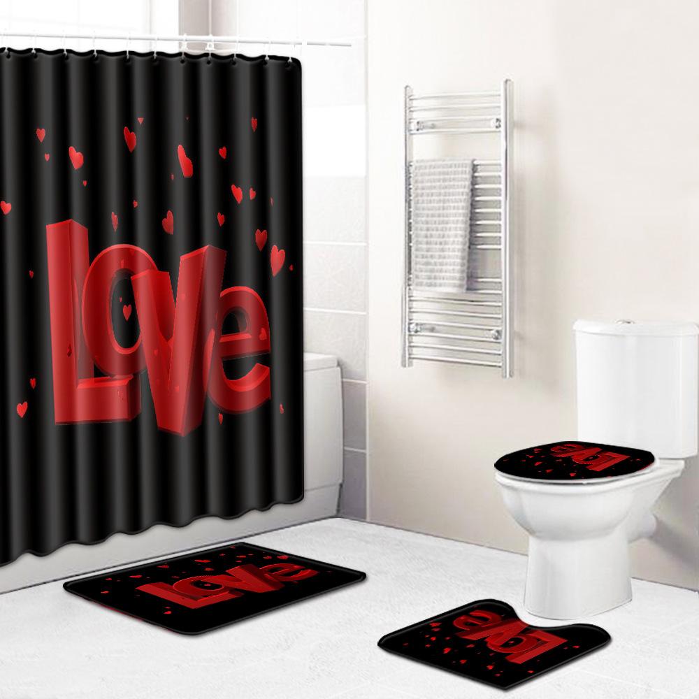 Valentine'S Day Toilet Shower Curtain Four-Piece Printed Floor Mat Set Bathroom Floor Mat Bedroom Absorbent Door Mat Carpet