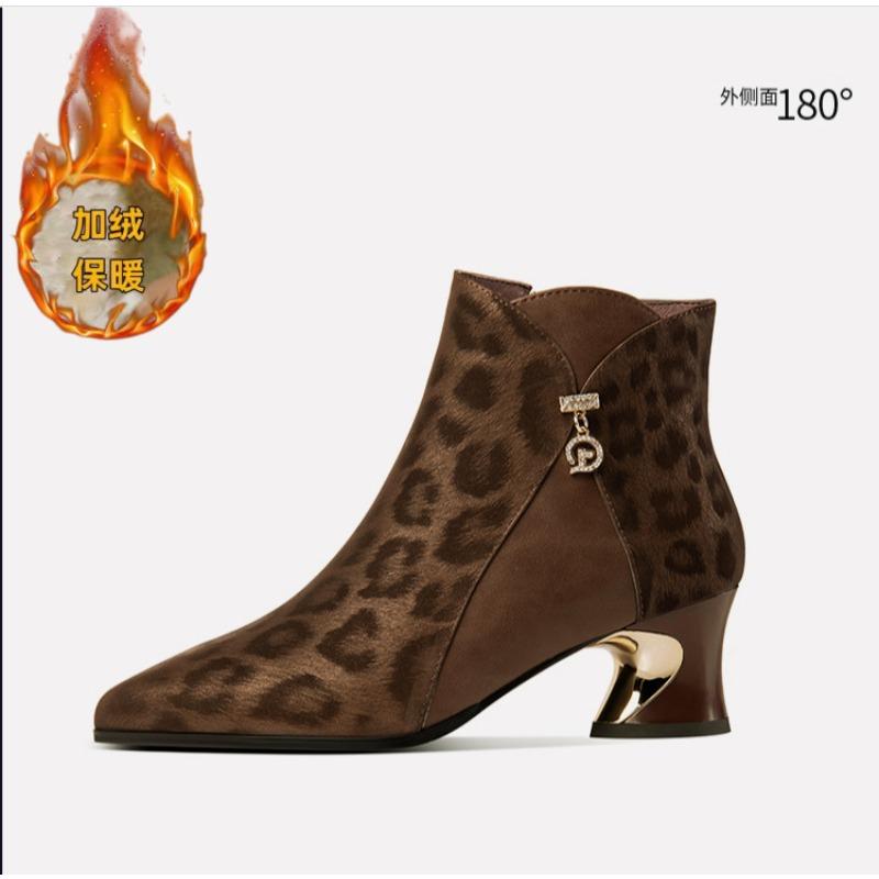 

Autumn and winter new suede leopard print wind side zipper short tube mother women s boots high heel Martin boots women s 40