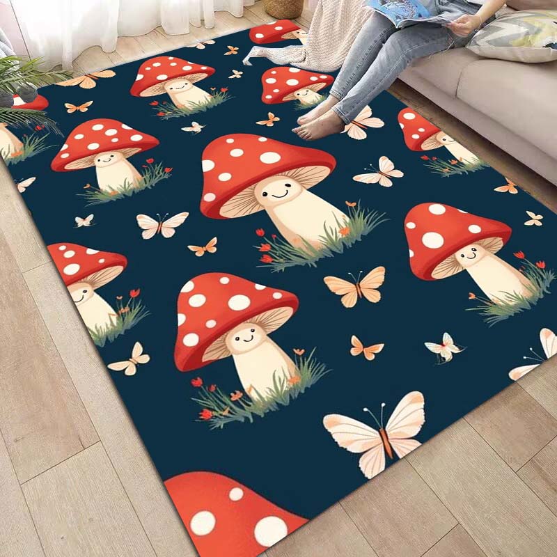 Playful-style living room rug—cartoon forest and mushroom pattern; soft, washable, and non-slip; suitable for dining rooms and bedrooms.