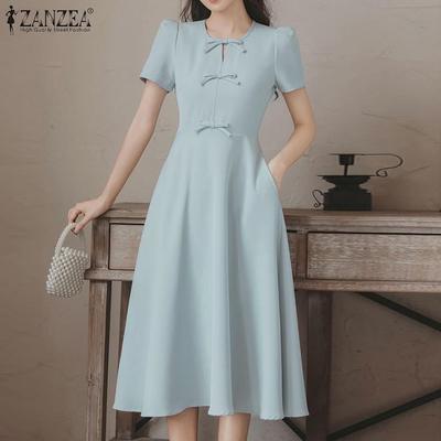 Women's Elegant Round Neck Short Sleeve Waist-Cinched A-Line Dres