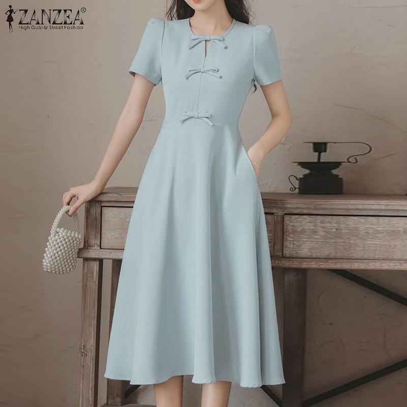 ZANZEA Elegantes Damen A-Linien Kleid mit Rundhalsausschnitt, kurzen Ärmeln und Taillierung