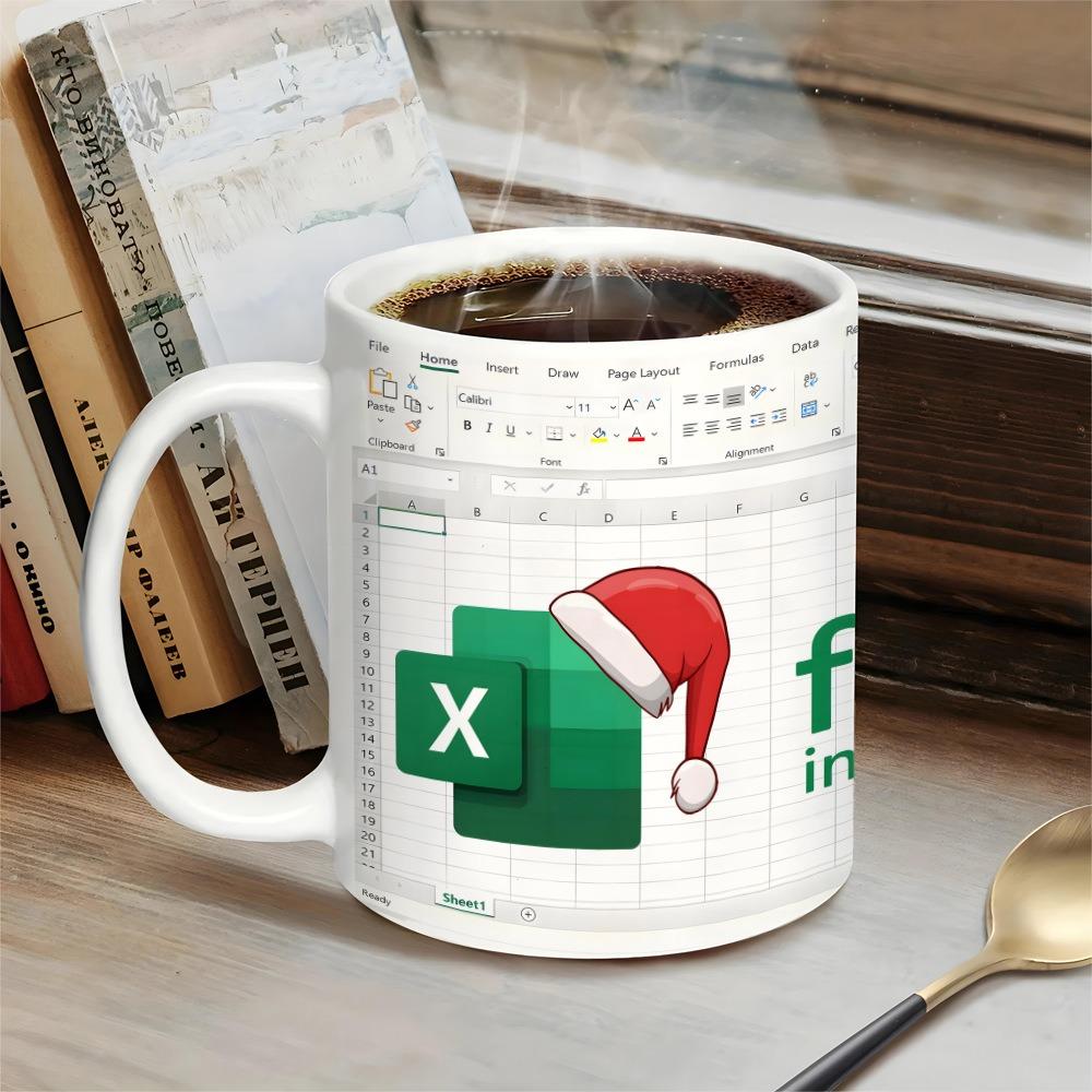 Fissato di Excel a letto, Tazza bianca, Caffè e tè per la colazione, Bicchiere d'acqua, Regalo di Natale, Calze della Befana