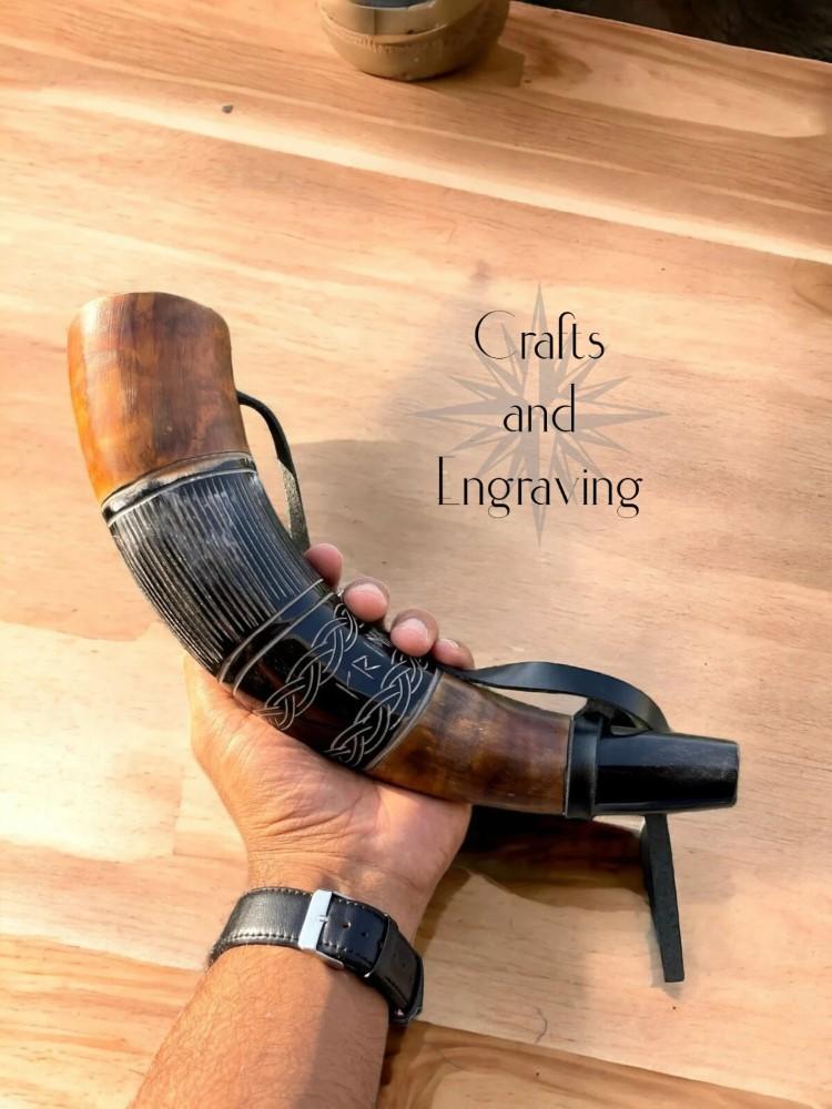 Róg bojowy Wikingów 15" | Ręcznie grawerowana trąbka bojowa | Naturalny róg do polowania, dekoracji i na prezent