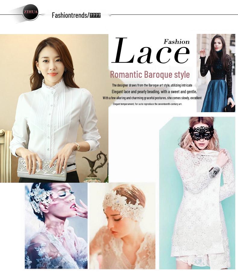 Primăvara și Toamna 2020 Dantelă Stil Coreean Femei Mânecă Lungă Alb Slim Șifon Guler Înalt Cămașă