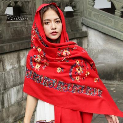 Winter Scarf Embroidery Flower Pattern Tassel Trim Long Scarf Ethnic Style Thickened Warm Women Shawl
