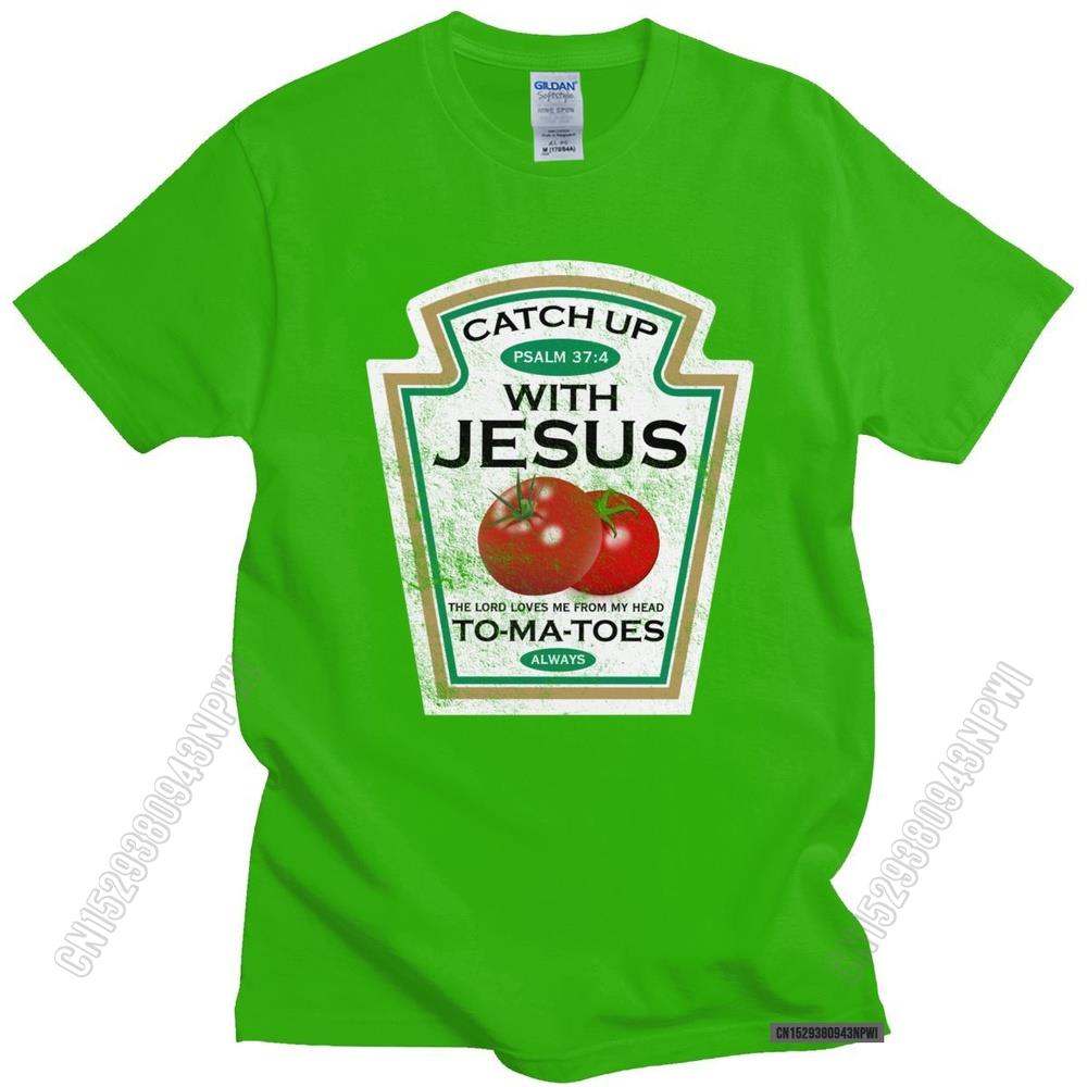 Lustiges Catch Up With Jesus T-Shirt Herren Vintage Vegan Tomaten T-Shirt Christliches Geschenk Veganismus O-Ausschnitt Baumwoll-T-Shirt Merchandise