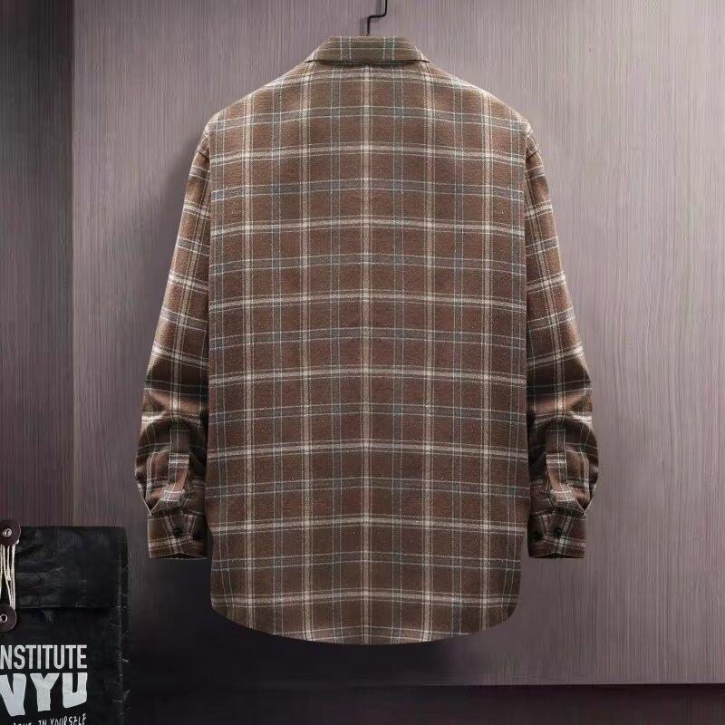 Spring and Autumn Models Long-sleeved Lapel Plaid Shirt Men's Versatile Retro Casual Shirt Blouse Jacket Men's Striped Plaid Shirt
