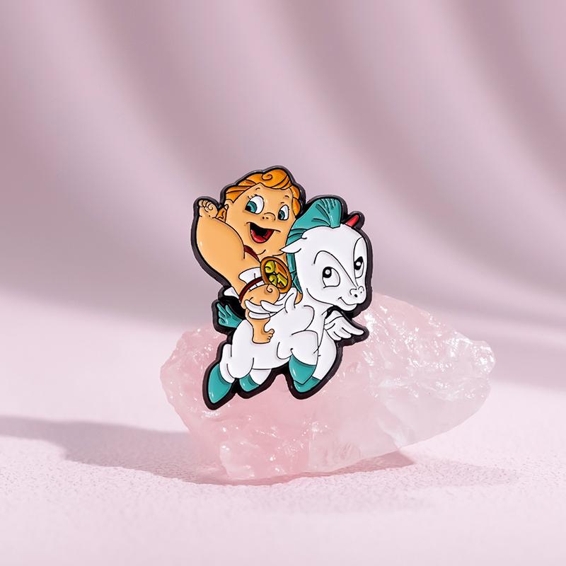 Baby and Pegasus Enamel Pins Custom Brooches Lapel Badges Cartoon Animal Movie Jewelry Gift for Fans Kids Friends