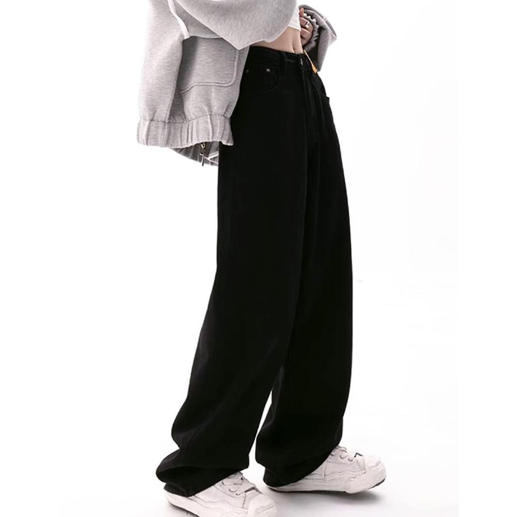 American Retro Black Fall And Winter Straight Casual Jeans For Women, Design, Loose High Waist, Slimming Wide Leg Trousers Trendy