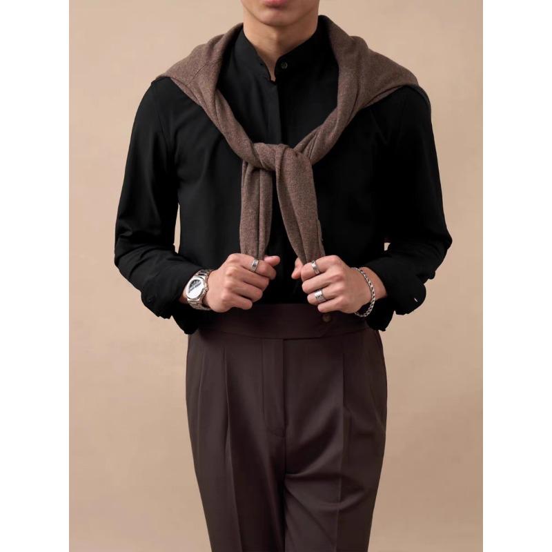 Mens Stand Collar Non Iron Slim Fit Long Sleeve Cool Casual Shirt