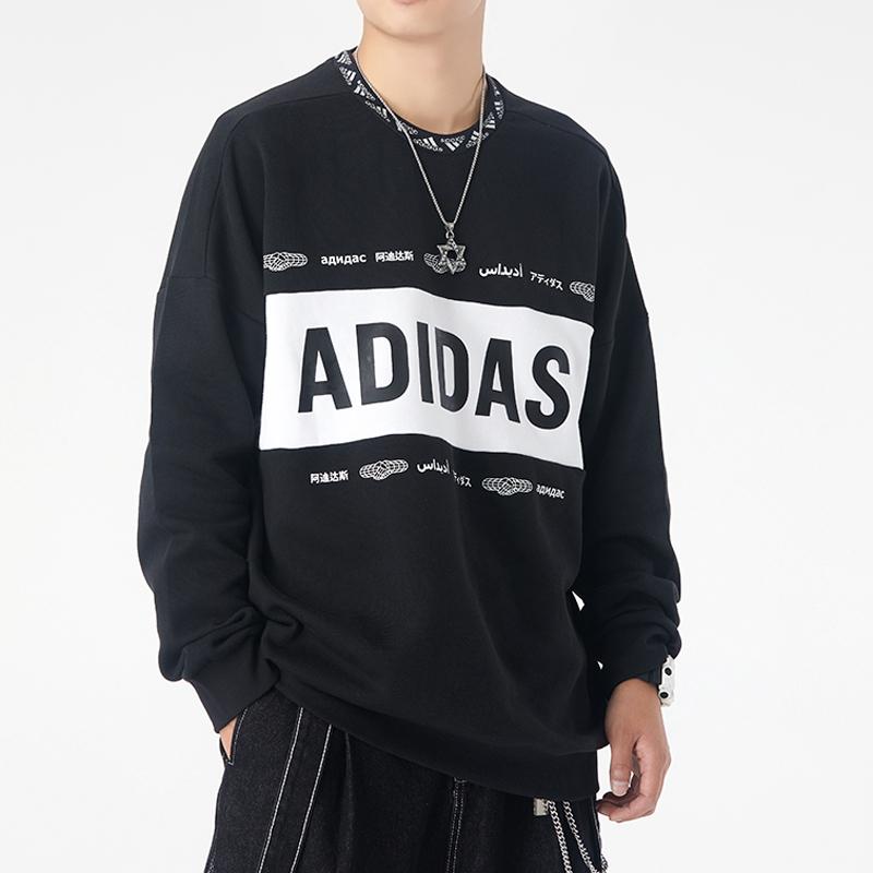 Adidas Colorblock Large Logo Print Casual Pullover Sweater Men Tops Black GE5512
